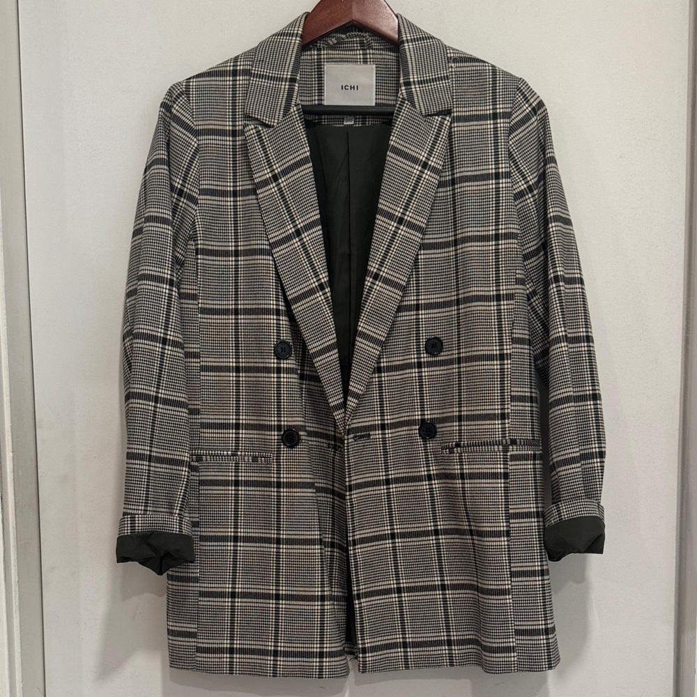 ICHI size 36 or US Small Black, Green & White Plaid Oversized Blazer